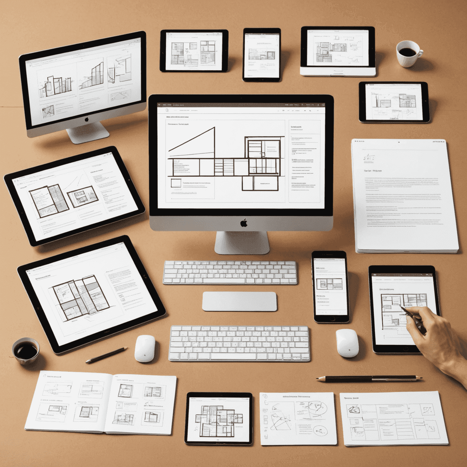 Imagen que muestra el proceso de diseño responsivo, desde los bocetos iniciales hasta la implementación final en diferentes dispositivos